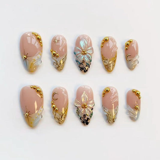 Luxury Gold Butterfly Press-On Nails – Handmade Nude Pink 3D Nail Set | Elegant Reusable False Nails