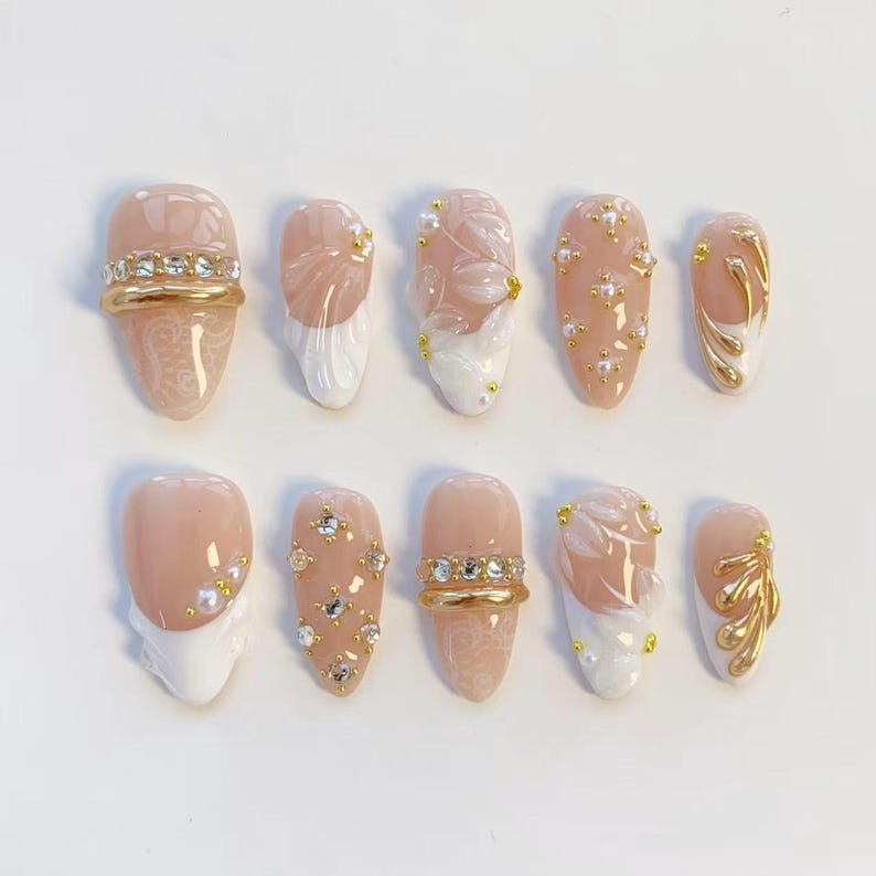 Luxury Nude Pink Press-On Nails with Rhinestones & Gold Chrome | 3D Floral Bridal Nail Set | Elegant Glam Nail Art