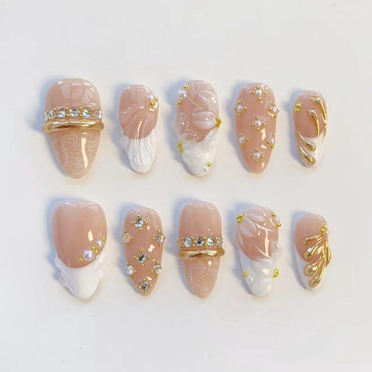 Luxury Nude Pink Press-On Nails with Rhinestones & Gold Chrome | 3D Floral Bridal Nail Set | Elegant Glam Nail Art