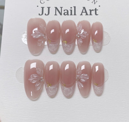 Elegant Blush Floral Press-On Nails – 3D Pearl Flower Nude Pink Almond Nail Set