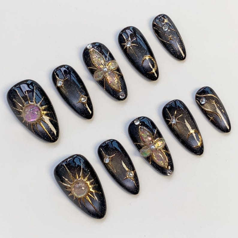 Celestial Midnight Press-On Nails – Black Galaxy Sun & Moon Luxury Handmade Nail Set