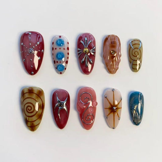 Retro Y2K Abstract Press-On Nails – Handmade Chrome Swirl Nail Set | Artistic Reusable False Nails