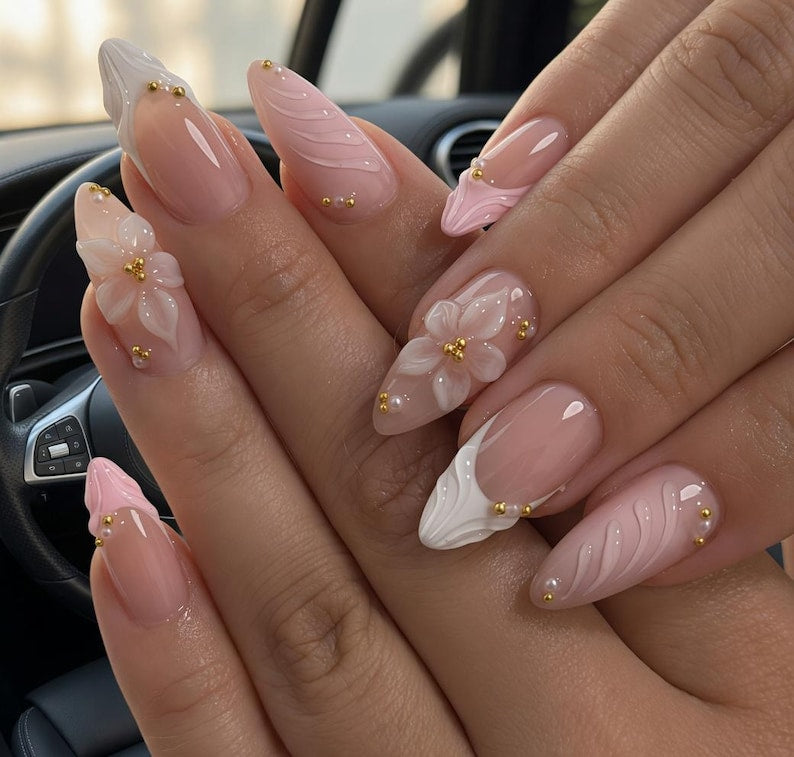 Blush Pink 3D Floral Press-On Nails – Elegant Almond-Shaped Handmade Nail Set with Gold Accents