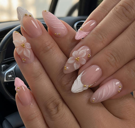 Blush Pink 3D Floral Press-On Nails – Elegant Almond-Shaped Handmade Nail Set with Gold Accents