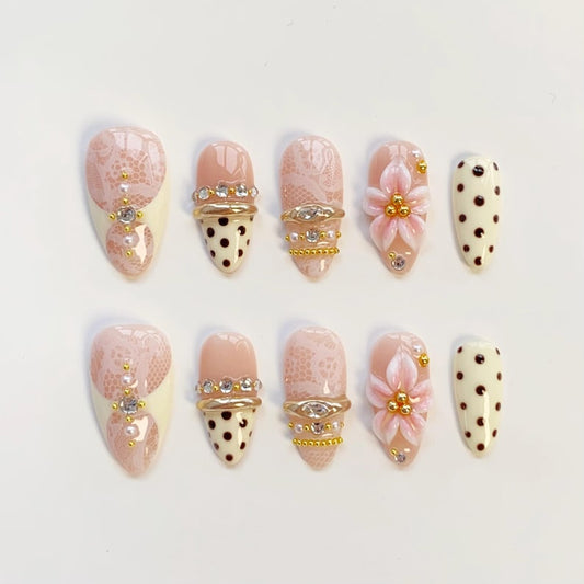 Blush Lace Floral Press-On Nails – Luxury 3D Flower & Polka Dot Almond Nail Set